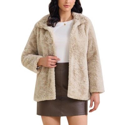 INSPIRE CHIC Women's Faux Fur Lapel Warm Overcoat with Pockets Winter Fluffy Jacket