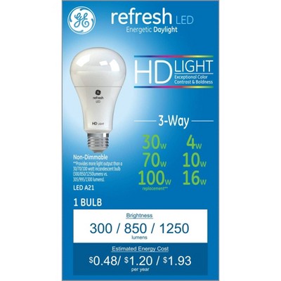 GE Refresh LED 3-Way HD Light Bulb Daylight: 13W, 1250 Lumens, A19, E26 Base, 5000K, Energy Star Certified, 13.7-Year Life