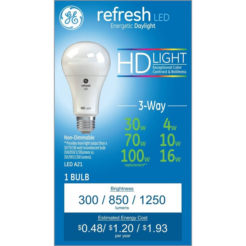 GE Refresh LED 3-Way HD Light Bulb Daylight, 1 of 7