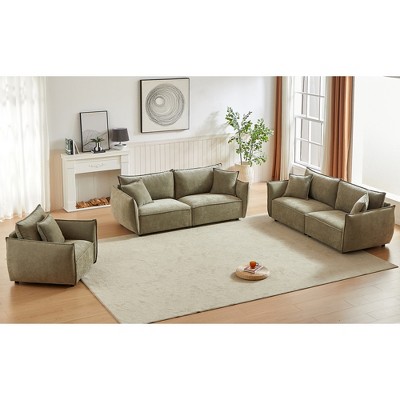 Modern 3-Seater + 3-Seater + 1-Seater Linen Fabric Sofa Set with Wooden Frame and 5 Pillows
