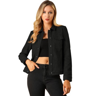 Allegra K Women's Turn-Down Collar Flap Pockets Snap Button Faux Suede  Jacket Black Small