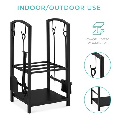 Black Wrought Iron Firewood Log Rack with Tools Set