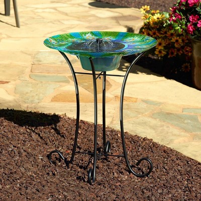 Hand-Painted Peacock Glass Solar Bird Bath with Metal Stand