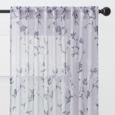 Purple Navy Floral Sheer Polyester Window Curtain Panels, 52 x 84 Inches