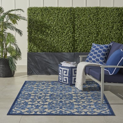Aloha Contemporary Scroll 5'3" Round Blue/Grey Outdoor Rug