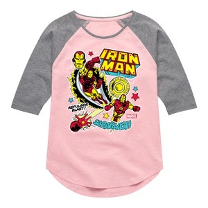 Girls' - Marvel - Iron Man Sticker Style Shirt Tail Raglan Graphic T-shirt - 1 of 3