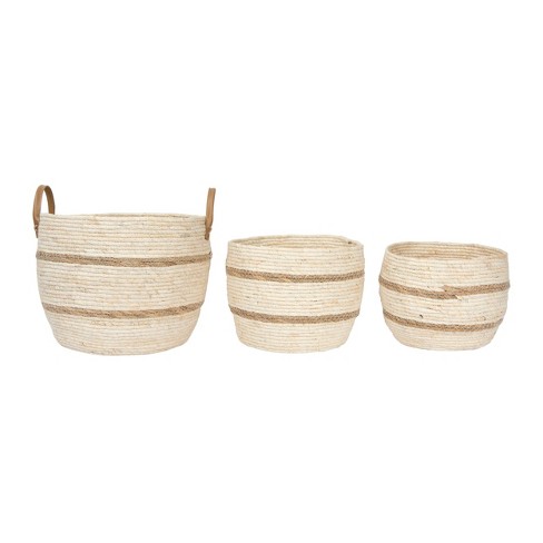 Set Of 3 Maize Baskets With Leather Handle Beige And Brown - Storied ...