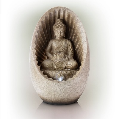 Alpine Corporation 11" Resin Buddha Tabletop Fountain with LED Light Brown