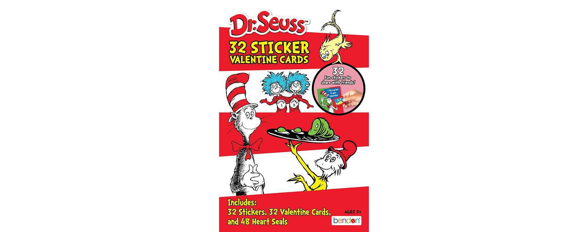 Bendon 32ct Dr. Seuss Deluxe Stickers and Valentine's Day Cards with 48ct Heart Seals