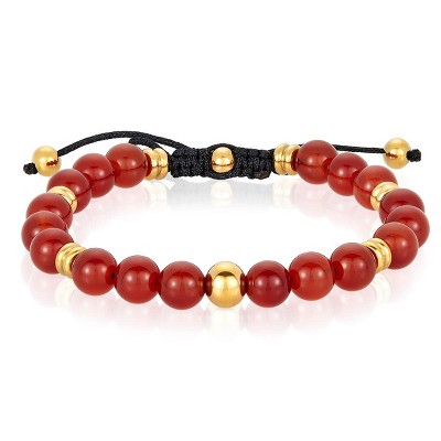 Crucible Men's Red Agate Stone and Gold Plated Steel Bead Adjustable Bracelet (8mm)