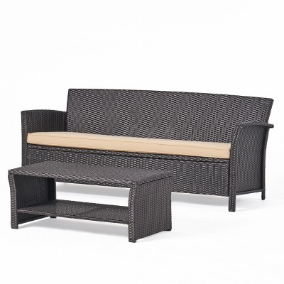 GDFStudio Raina Outdoor Wicker 3 Seater Sofa and Coffee Table with Water-Resistant Cushions