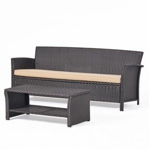 GDFStudio Raina Outdoor Wicker 3 Seater Sofa and Coffee Table with Water-Resistant Cushions - 1 of 4