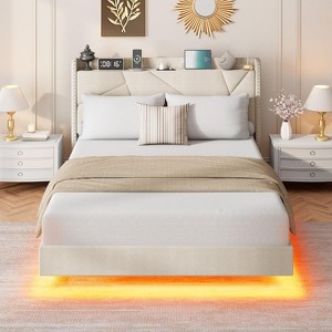 Floating Bed Frame with RGB LED Lights and Charging Station, Upholstered Bed Frame with Storage Headboard & Button Tufted - 1 of 4