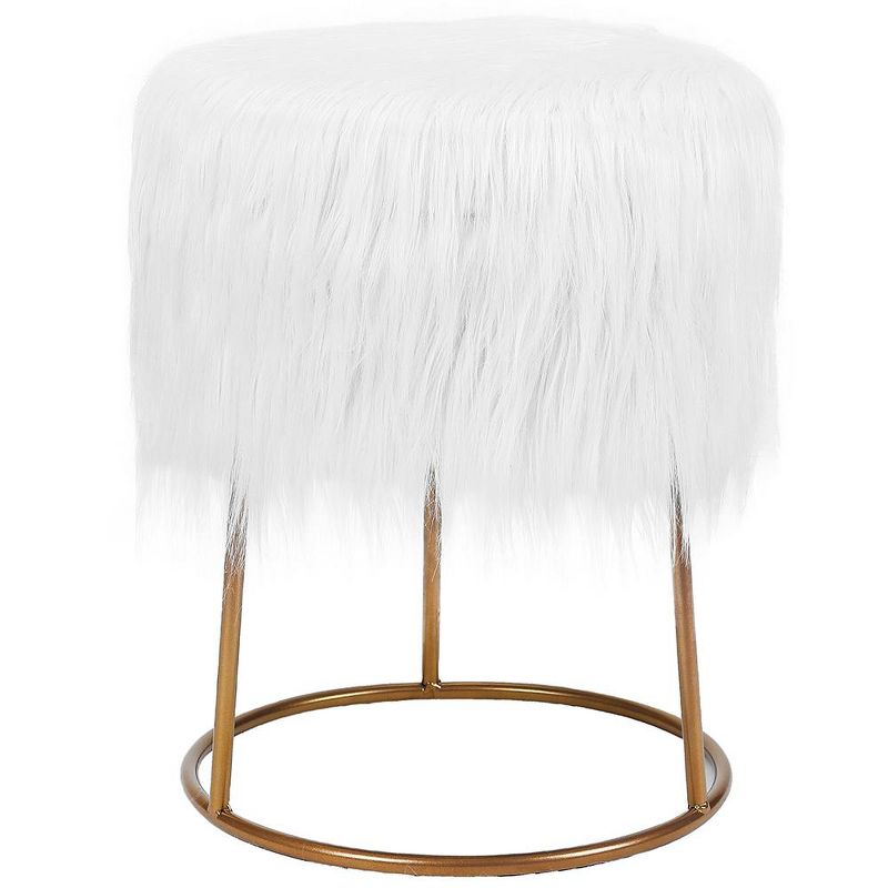 BirdRock Home Round White Faux Fur Foot Stool Storage Ottoman with Pale Gold Legs, 1 of 5