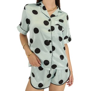 Anna-Kaci Lounge Women's Polka Dot Satin Pajama Set with Short Sleeve Button Top and Drawstring Shorts - 1 of 4