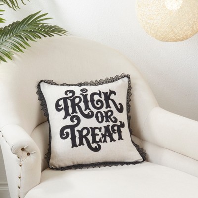 Natural Embroidered Trick-Or-Treat Square Throw Pillow