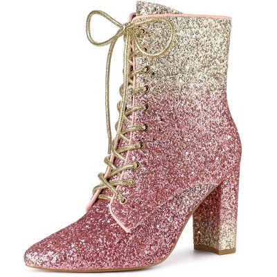 Allegra K Women's Glitter Lace-Up Pointed Toe Block Heel Ankle Boots