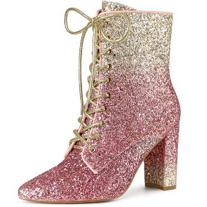 Allegra K Women's Glitter Lace-Up Pointed Toe Block Heel Ankle Boots - 1 of 4