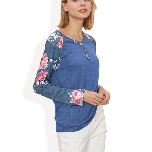 Anna-Kaci Women's Long Sleeve Raglan Henley Top with Button Detail and Floral Print Sleeves - 1 of 3