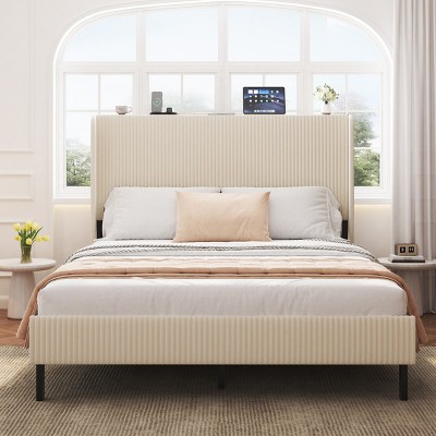 FURNIinspire Beds Platform Bed Modern Metal Queen Bed Frame with Curved Backrest, Noise Free, No Box Spring Needed, Beige, 84.07"*62.01"*47.24"