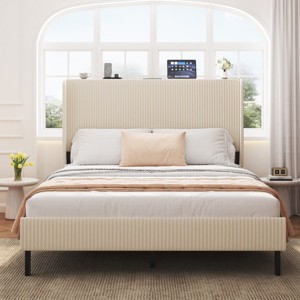 FURNIinspire Beds Platform Bed Modern Metal Queen Bed Frame with Curved Backrest, Noise Free, No Box Spring Needed, Beige, 84.07"*62.01"*47.24" - 1 of 4