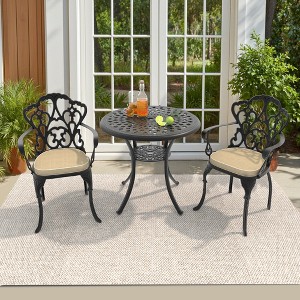 3-Piece Cast Aluminum Outdoor Dining Set with Beige Cushions, Round Table & Ergonomic Chairs - for Patio, Backyard - 1 of 4