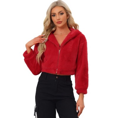 INSPIRE CHIC Women's Casual Hooded Zip Up Long Sleeve Cropped Faux Fur Jacket