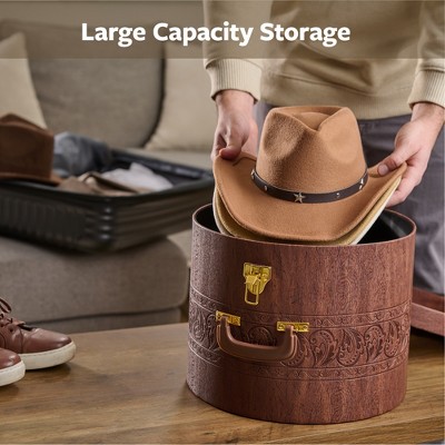 Brown Round PVC Leather Hat Box with Gold Locking Lid