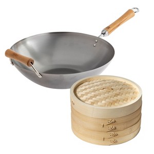 Joyce Chen Classic Series Uncoated 14" Wok & Bamboo Steamer Bundle - 1 of 4