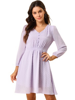 Allegra K Women's Swiss Dots Elastic Waist 3/4 Sleeve A-line Solid Flowy Chiffon Dress