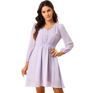 Allegra K Women's Swiss Dots Elastic Waist 3/4 Sleeve A-line Solid Flowy Chiffon Dress - 1 of 4
