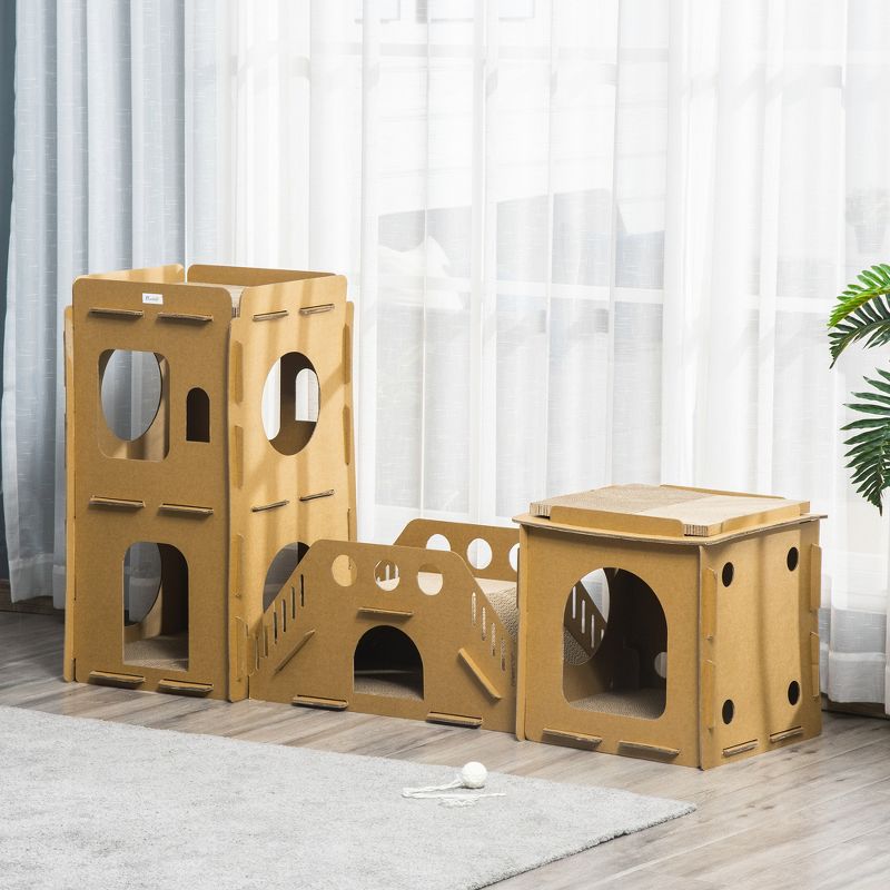 PawHut Cardboard Cat House DIY Cat Tree with Condos, Scratching Pad Board Hideaway Toy Pet Furniture, Brown, 2 of 7