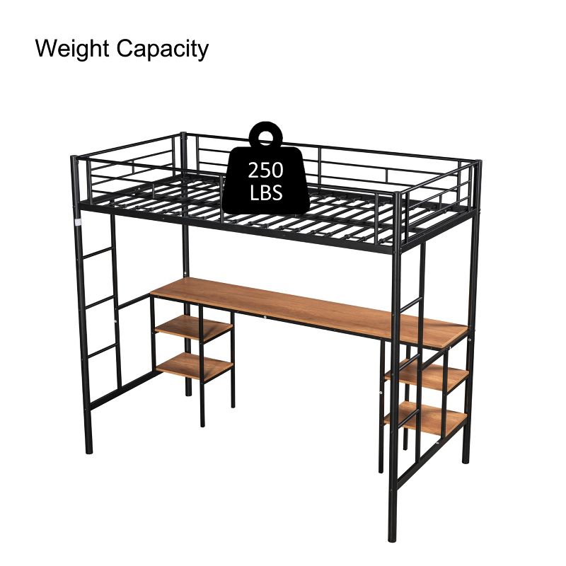 Metal Twin Size Low Loft Bed With Storage Shelf And Table, Black - ModernLuxe, 5 of 11