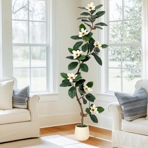 S-Shape Artificial Rubber Tree with White Planter, Faux Plants Indoor Faux Floor Artificial Trees with Magnolia Flowers for Home Office Decor - 1 of 4