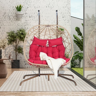 VisioGear Patio Double Swing Egg Chairs with Stand, Wicker Weaving Egg Chair, Hammock Chair for Living Room Balcony, Red, 58.66"*75.19"*38.81"