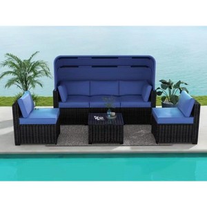 Jojoka 6-Piece Outdoor Sofa Set, Daybed with Retractable Canopy, Patio Lounge with Adjustable Backrests, Chaise Lounge, Garden Furniture - 1 of 4