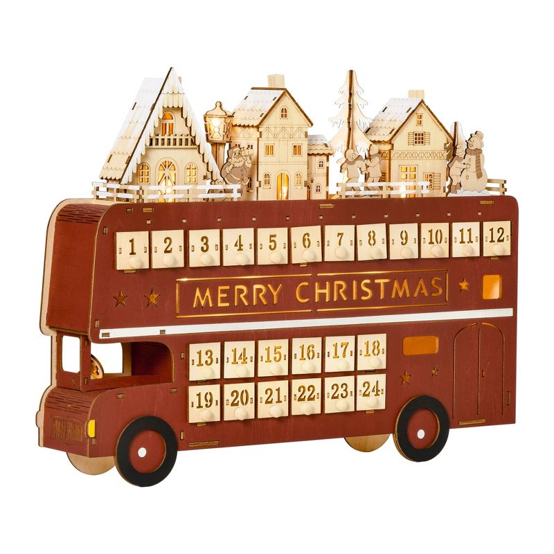 HOMCOM Christmas Advent Calendar Light Up Table Xmas Wooden Bus Holiday Decoration with Countdown Drawer Santa Claus Street House for Kids and Adults, 4 of 7