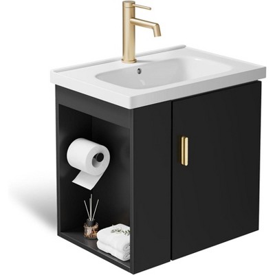phiestina 20 Inch Pre-Assembled Floating Bathroom Vanity, Wall-Mounted Black Cabinet with Ceramic Sink, Soft-Close Door, Left Side Storage, No Faucet