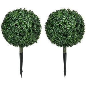 Okak 15.7IN UV Resistant Artificial Boxwood Topiary Trees with Ground Stake, Faux Tree with Ball Shaped, Plants Decor Set of 2, Green - 1 of 4