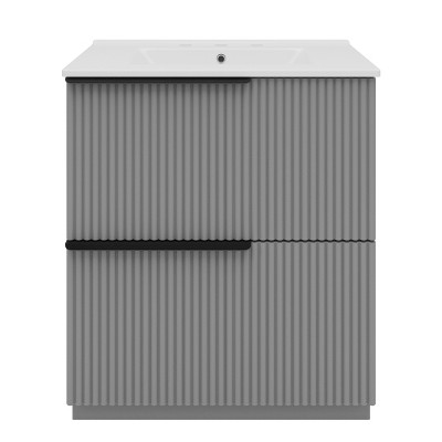 Vynxaria 30 Inch Soft Gray Fluted Bathroom Vanity with Ceramic Sink One Complete Unit Solid Wood Cabinet Two Full Extension Soft Close Drawers 17 Inch