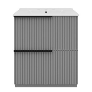 Vynxaria 30 Inch Soft Gray Fluted Bathroom Vanity with Ceramic Sink One Complete Unit Solid Wood Cabinet Two Full Extension Soft Close Drawers 17 Inch - 1 of 4