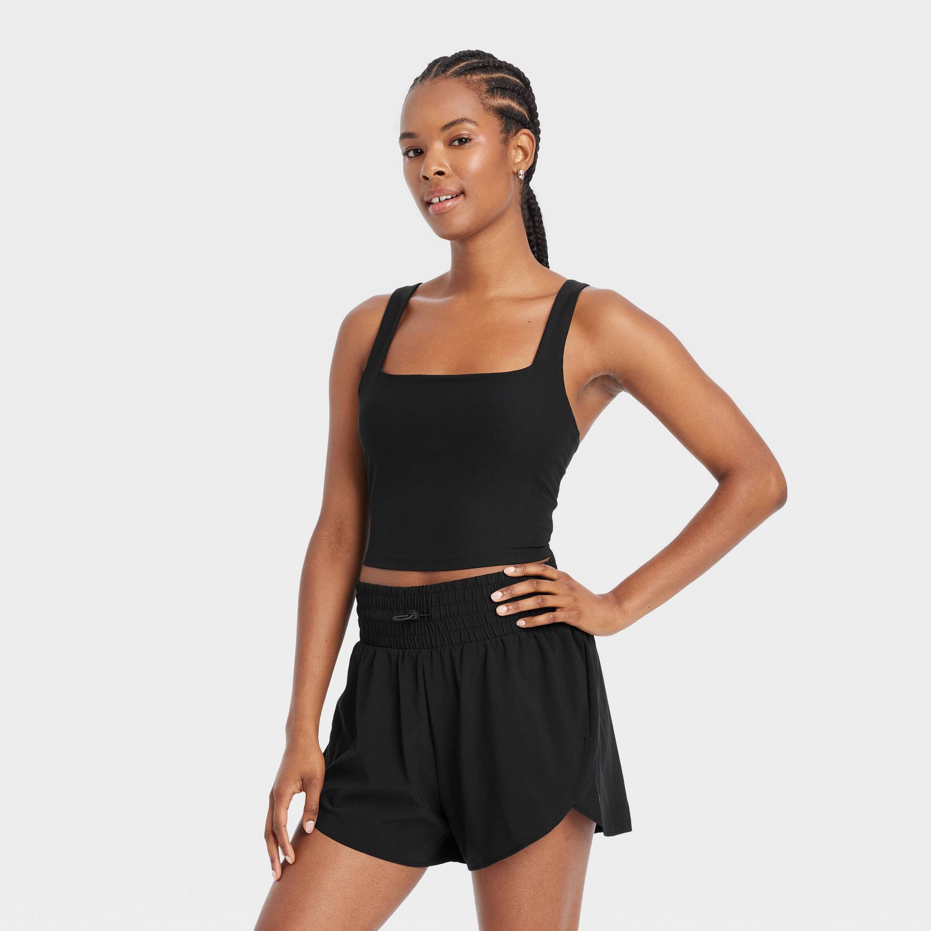 Women's Everyday Soft Light Support Rib Squareneck Cropped Sports Bra - All In Motion™ Black XXL: Moisture Wicking, Removable Cups