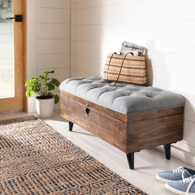 Transitional Tufted Cocktail Ottoman in Grey Linen & Dark Oak