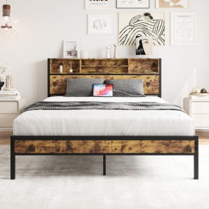Queen Metal Bed Frame: Storage Headboard, Charging Station, Bookcase, No Box Spring, Easy Assembly, Black - 1 of 4
