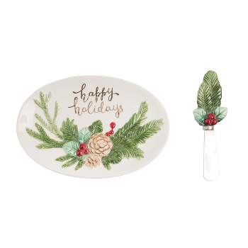 C&F Home "Happy Holidays" Sentiment with Pinecone Accents Hand painted White Oval Dolomite Serving Tray with Spreader, Hostess Gift