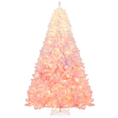 Costway 8 FT Artificial Christmas Tree with 470 Warm White LED Lights, 8 Lighting Modes & Folding Metal Stand White & Pink