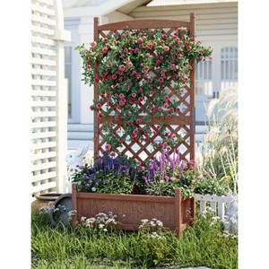 1 PCS Wooden Planter Box with Trellis, 29.5x13x61.5 Inches ¨C Elevated Raised Garden Bed with Drainage Holes & Locking Wheels - 1 of 4