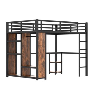 TopComfy Beds Queen Size Loft Bed Frame with Built in Wardrobe Metal Loft Bed with Desk and Storage Shelves for Bedroom, Brown, 63.78"*68.5"*163.58" - 1 of 4