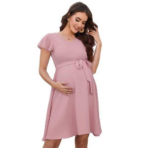 Clearlove Maternity V Neck Dot Dress Casual A-Line Short Ruffle Cap Sleeve Flowy Midi Dress Belt Photoshoot Baby Shower - 1 of 4