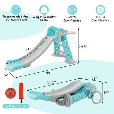 Blue HDPE 3-in-1 Kids Slide with Basketball Hoop